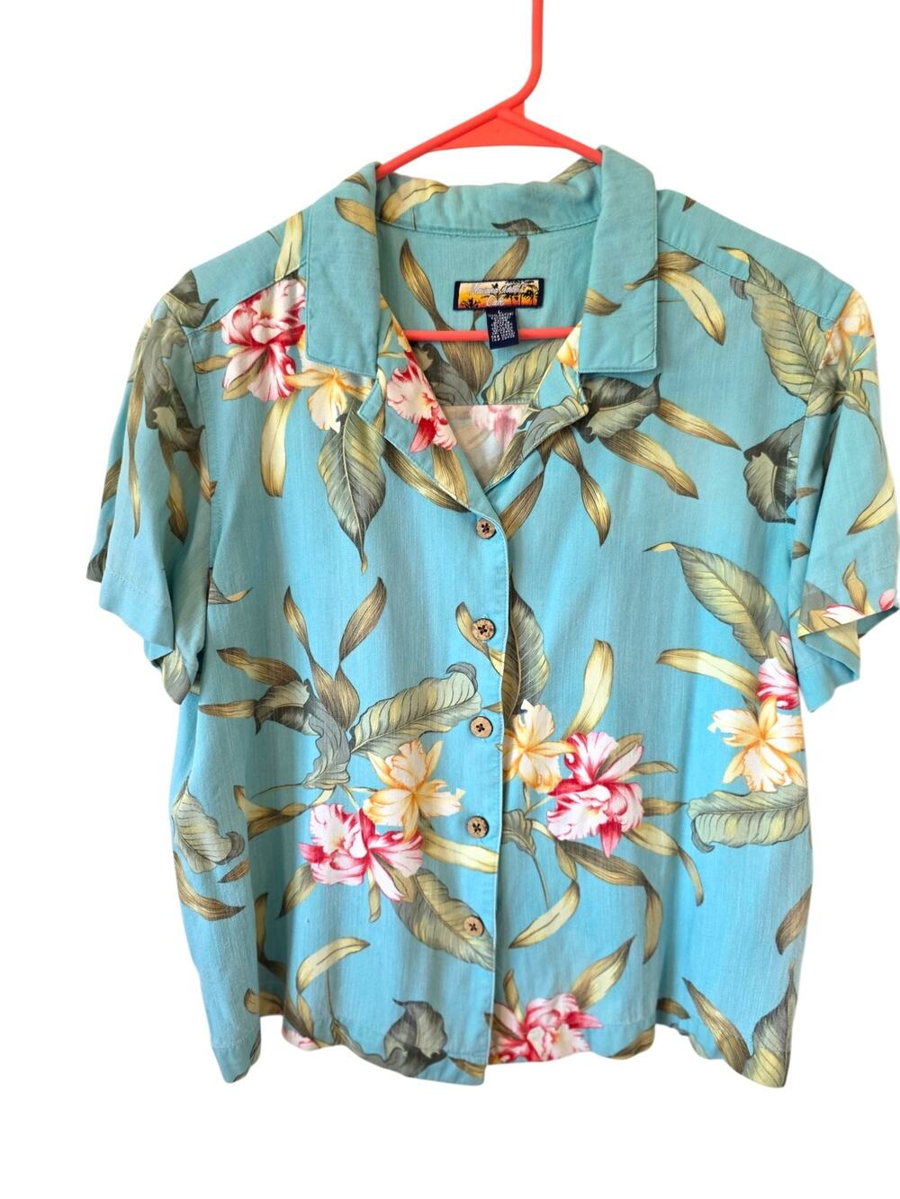 Havana Jacks Cafe Womens Short Sleeve Hawaiian Tropical Button Front Shirt Large